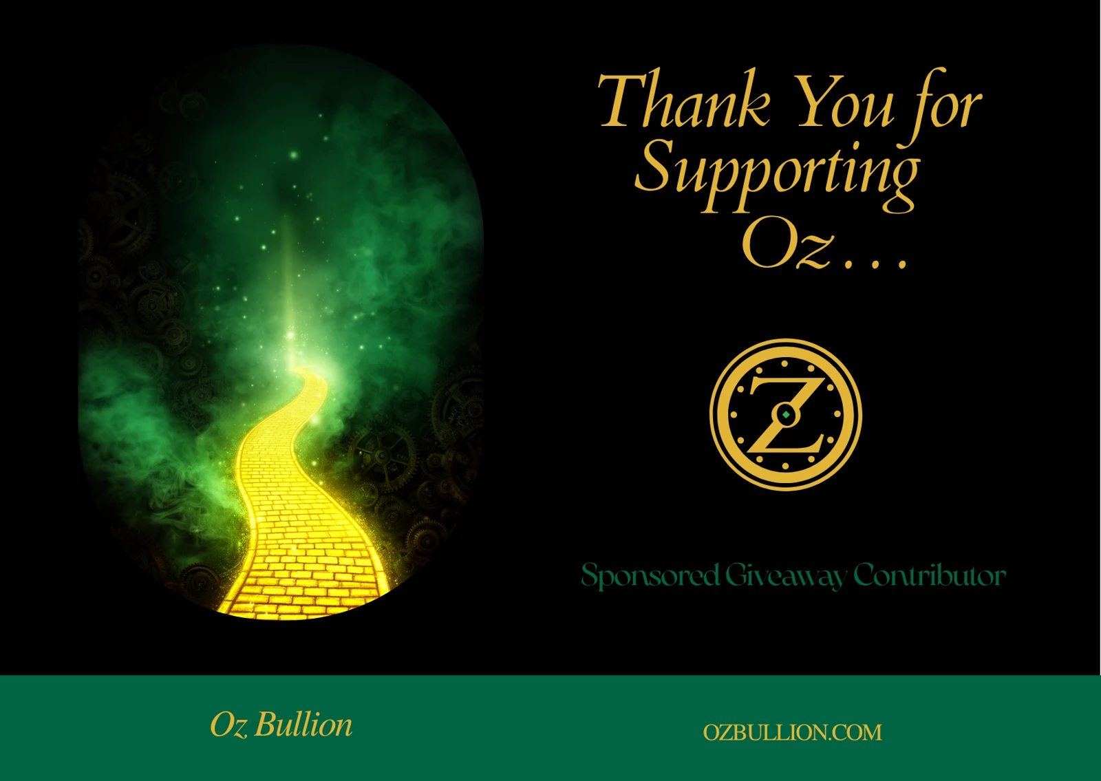 OZ Bullion sponsorship giveaway thank-you card with emerald and gold artwork