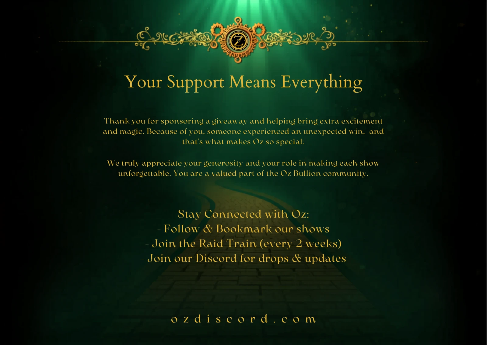 OZ Bullion thank-you card: Your Support Means Everything and community information